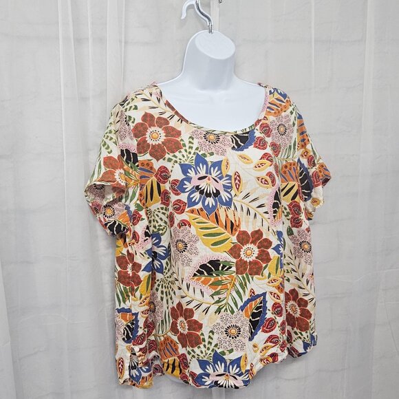 C&C California Orange Blue Floral Blouse Tee Linen Tropical Boho 1X - Picture 4 of 11